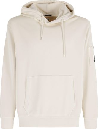 C.P. Company Cream Cotton Diagonal Fleece Hooded Lens Cotton Sweatshirt