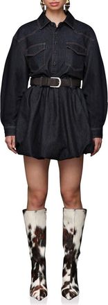 Avec Les Filles Long Sleeve Bubble Hem Denim Mini Shirtdress in Dark Rinse at Nordstrom, Size 10