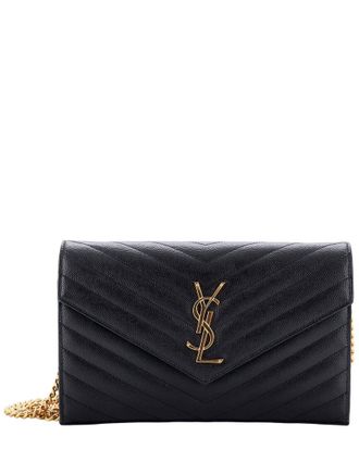 Saint Laurent Black Matelasse Chevron Leather Classic Monogram Wallet On Chain Medium (Authentic Pre-Loved)