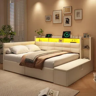 Merax 4ft6 Double Linen Upholstered Storage Bed with LED & Drawers in Beige
