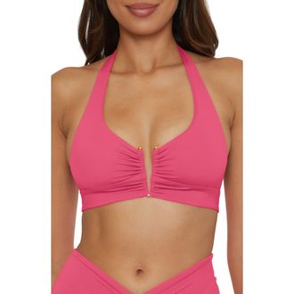 BECCA by Rebecca Virtue Shirred V-Wire Halter Bikini Top in Pink Agate at Nordstrom, Size Large