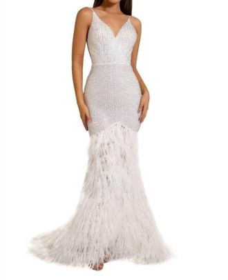 Portia & Scarlett V Neck Feathered Dress In Ivory