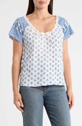 Lucky Brand Tie V-Neck Short Sleeve Top in Blue Combo at Nordstrom Rack, Size X-Large