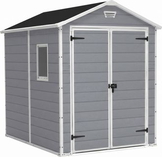 Keter Manor 6x8 - Caseta De Jard&iacute;n 185,80x227x236,80 Cm 2 Puertas Para Almacenamiento De Herramientas Acabado Efecto Madera Rayada En Resina Gris
