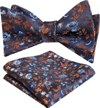 Alizeal Mens Floral Printed Self Tied Bow Tie Classic Colorful Wedding Party Bow Tie with Pocket Square Set, Navy Blue+Rust