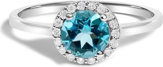 House of Brilliance 10K Gold Gemstone and 1/10 Cttw Diamond Halo Birthstone Ring in White | Blue Topaz at Nordstrom, Size 6.5
