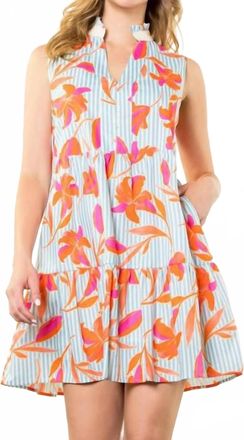 THML Clothing Sleeveless Flower Stripe Dress In Blue/orange