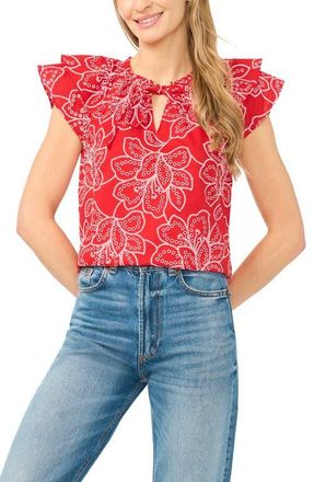 CeCe by Cynthia Steffe Floral Flutter Sleeve Tie Neck Top in Classic Cherry at Nordstrom, Size Xx-Small