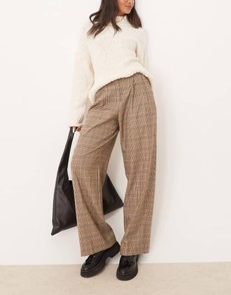 GANT Pantaloni con pieghe in misto lana marrone scuro a quadri