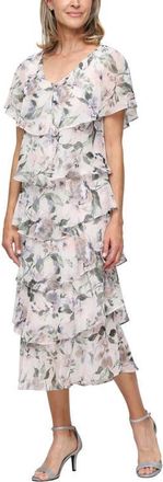 S.L. Fashions Tiered Floral Shimmer Midi Dress in Taupe Multi at Nordstrom, Size 10
