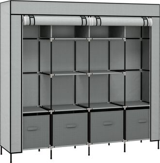 HOMCOM Armario Port&aacute;til De Tela Con 10 Compartimentos, 2 Barras Para Colgar Ropa Y 4 Cajones, 166 X 42,5 X 169,5 Cm, Color Gris