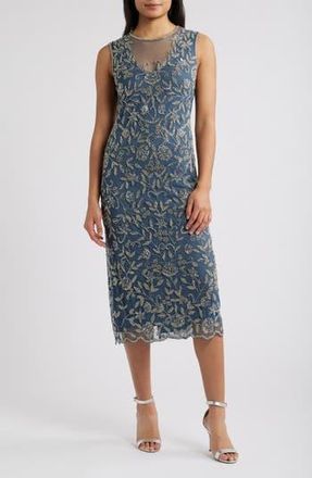 Pisarro Nights Beaded Floral Cocktail Midi Dress in Grey at Nordstrom Rack, Size 10