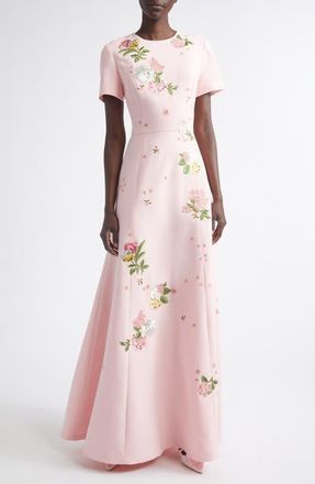 Carolina Herrera Floral Embroidered Crepe Gown in Rosewater at Nordstrom, Size 10