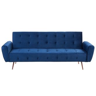Beliani Beliani - Sof&aacute; Cama Moderno De Terciopelo Convertible Con Capiton&eacute; Bolsillo Lateral Patas De Metal Cobre Azul Selnes