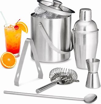 Relaxdays Juego De 7 Piezas Para C&oacute;cteles, Para Bartenders Aficionados, Coctelera, Pinzas Para Hielo, Colador, Medidor, Cubitera