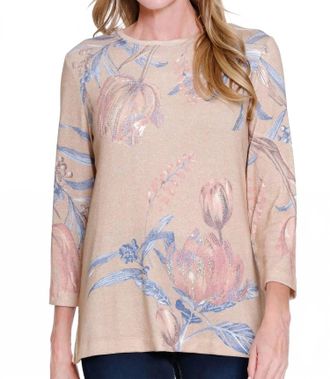 Multiples 3/4 Sleeve Scoop Neck Embellished Top In Floral