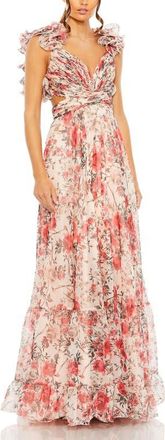 Mac Duggal Tiered Floral Chiffon Gown with Ruffle Accents and Open Back in Rose Multi at Nordstrom, Size 12