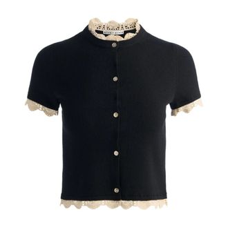 Alice & Olivia Korte Cardigan met kanten afwerking - Dames - Truien - Zwart - Maat: M Katoen