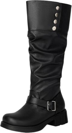 Generic Womens Knee High Boots Faux Leather Biker Boot Pull On Slouch Boots Metal Buckle Riding Boot Ladies Square Toe Shoes Chunky Hee Platform Sole Booties 