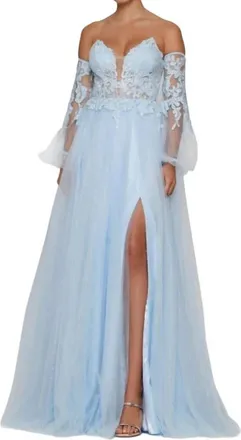 Colors Dress Sheer Lace A Line Long Sleeve Shimmer Slit Corset Formal Gown In Light Blue
