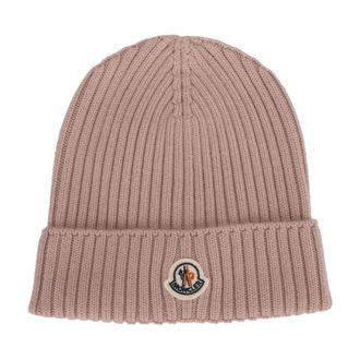 Moncler Ribgebreide Beanie met Logo-patch - unisex - Hoeden - Roze - M - Wol - Accessoires