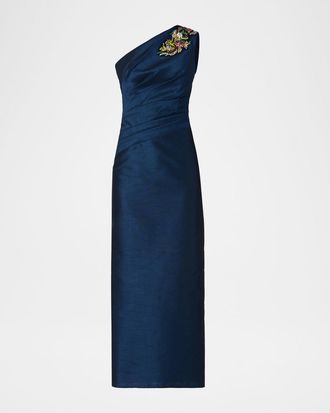 Shoshanna Como Sleeveless Beaded One-Shoulder Midi Dress