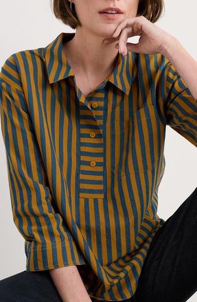 Seasalt Cornwall Oak Leaf Stripe Organic Cotton Half Placket Shirt in Mini Scallion Basket at Nordstrom, Size 12 Us