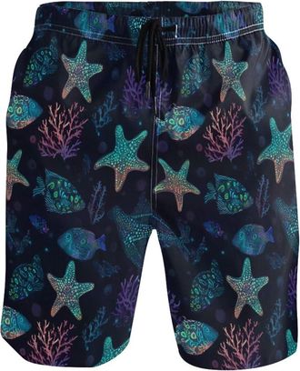 Alaza Beach Shorts for Men, Fluorescent Starfish Mens Swim Trunks Hawaiian Board Shorts Quick Dry with Pockets for Summer Vacation Surfing Beachwear Gym Out