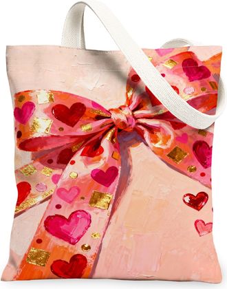Generic ValentineS Day Hearts Canvas Tote Bags, Romantic Love Pattern Reusable Grocery Bags, Lightweight Washable Shoulder Strap C, Peach, 13x15 Inch