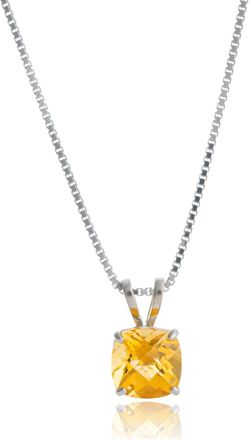 MAX + STONE 14k White Gold 8mm Cushion Cut Gemstone Pendant Necklaces with 18 inch Box Chain