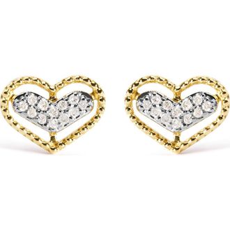 House of Brilliance 10K Yellow Gold 1/10 Ct Diamond Heart and Beaded Halo Stud Earrings at Nordstrom