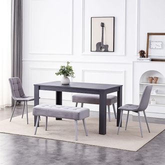 Kosy Koala Modern Dark Grey Dining Table Set with 2 Grey Velvet Chairs & 2 Grey Benches in Brown