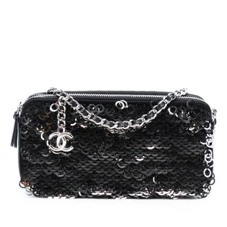 Chanel Tweedehands Cc Kalfsleder En Sequins Dubbele Rits Wallet Aan Ketting