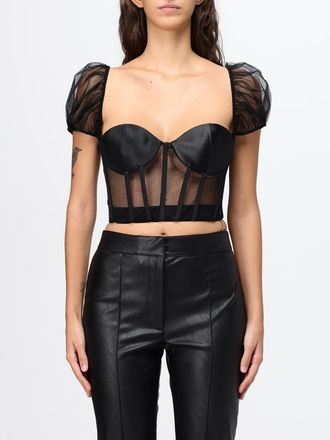 Elisabetta Franchi Cropped Bustier Top in Satin and Tulle with Puff Sleeves