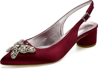 Generic Womens Chunky Heels Pointed Toe Wedding Shoes Satin Low Heels Elegant Bridal Slingback Party Evening Dress Shoes 4.5Cm,Burgundy,3 UK