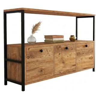 Dmora Credenza Amiterno, Alacena 4 Compartimentos, 3 Puertas, Apertura Abatible, 120x30x75h Cm Marr&oacute;n Roble