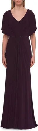 La Femme Flutter Sleeve Jersey Gown with Beaded Waist in Eggplant at Nordstrom, Size 12
