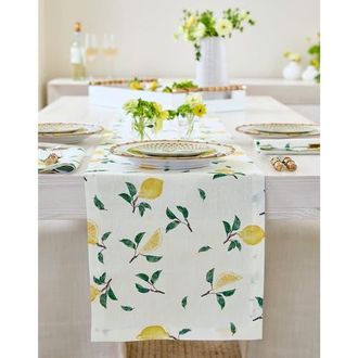 Solino Home Linen Table Runner for Dining Table, Holiday and Everyday Table Decor - Botanical Lemon in Botanical Lemon/off White at Nordstrom, Size