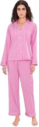 Lauren Ralph Lauren Woven Long Sleeve Notch Collar Long Pant Pajama Set Womens Pajama Sets Pink Ground Blue Stripe : LG (US 12-14)
