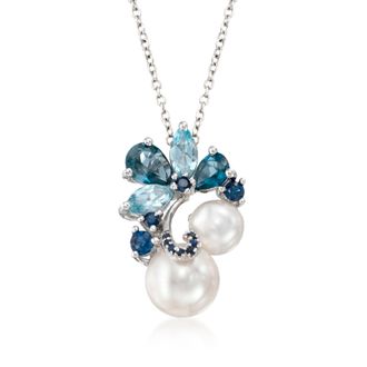 Ross-Simons 7-9.5mm Cultured Pearl and Multi-Gemstone Pendant Necklace in Sterling Silver