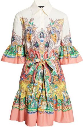 Etro Paisley Print Belted Stretch Cotton Shirtdress in Print On White Base at Nordstrom, Size 42