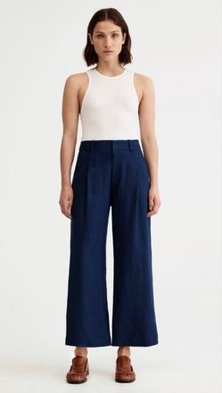 Smythe Linen Cropped Pleated Trouser in Navy Linen at Nordstrom, Size 14
