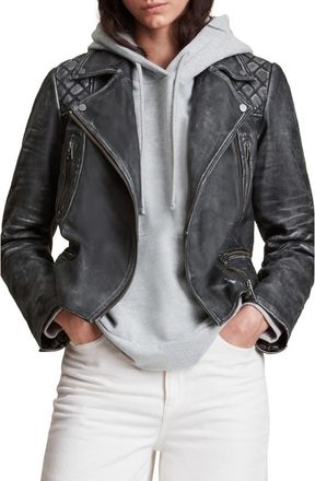 AllSaints Cargo Leather Biker Jacket in Black at Nordstrom, Size 4 Us