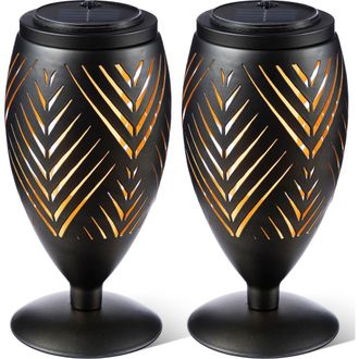 Glitzhome Set of 2 Metal Cutout Stripe Pattern Solar Powered Outdoor Lantern with LED Light in Black at Nordstrom, Size Medium
