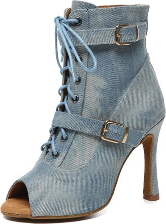 Minitoo Ladies Ballroom Salsa Latin Dance Shoes Sexy Prom Evening Ankle Sandal Boots L636 Denim Blue 10cm Heel UK 2.5