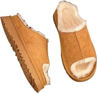 Generic Womens Fuzzy Platform Open Toe Slippers, Plush Lined Non-Slip Comfortable Slip-On Shoes, Winter Fashion Indoor Outdoor Casual House Slippers,Brown,2.5