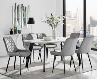 Furniturebox Andria White Marble Effect & Black Leg 6 Seater Dining Table & 6 Pesaro Soft Velvet Chairs in Grey