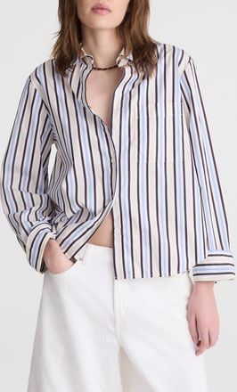 Madewell The Signature Y-Neck Cotton Poplin Button-Up Shirt in Boardwalk Stripe at Nordstrom, Size Xx-Small