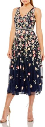 Mac Duggal V-Neck Sleeveless Midi Floral Beaded A-Line Dress in Midnight Multi at Nordstrom, Size 12