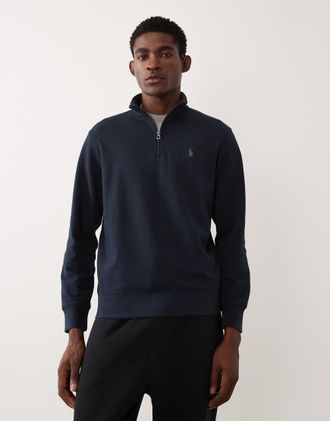 Polo Ralph Lauren Felpa in maglia doppia di jersey blu navy con zip corta e logo